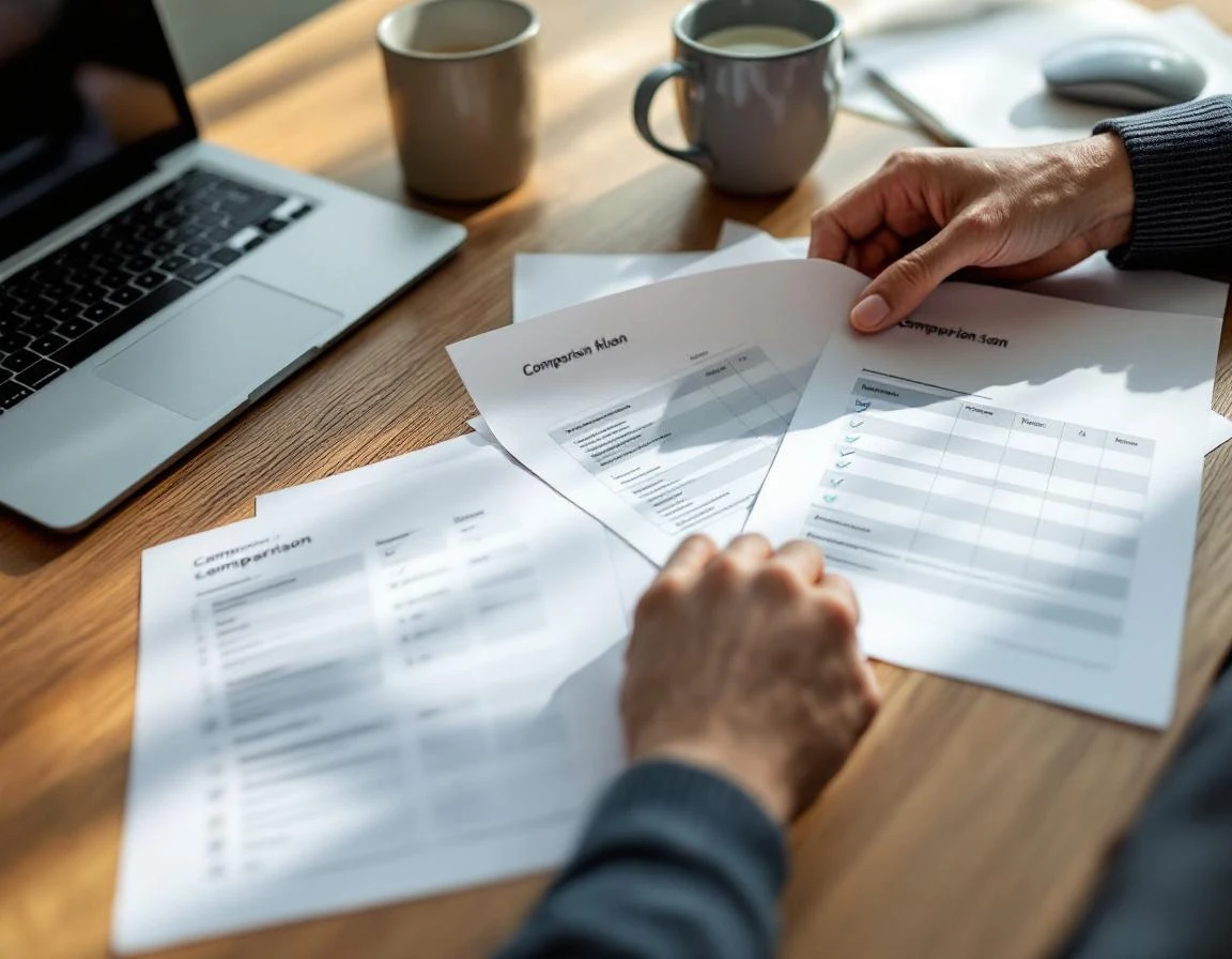 Business owner comparing WordPress plugin options with printed decision matrix sheets on office desk