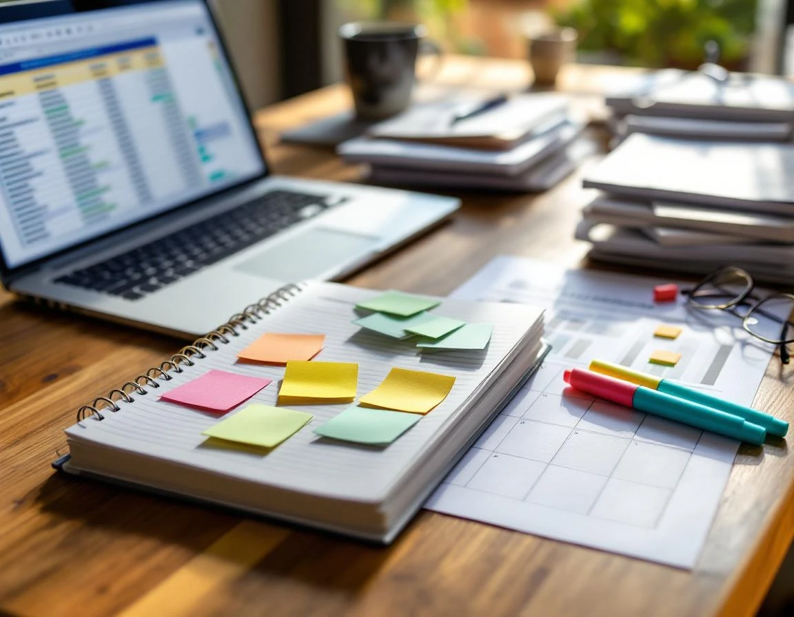 Content audit workspace with color-coded notes, spreadsheets, and organizational tools arranged on wooden desk