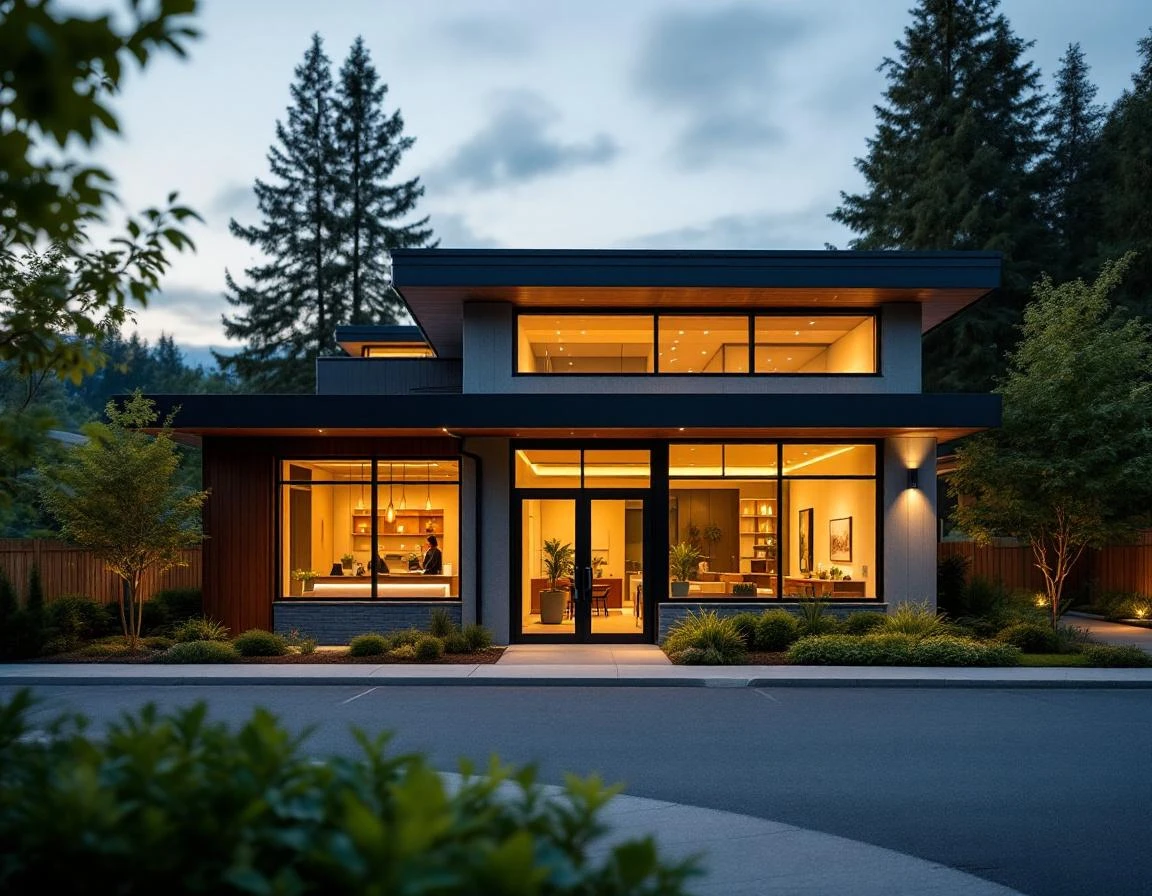 Modern dental practice exterior with illuminated windows showing welcoming reception area at twilight