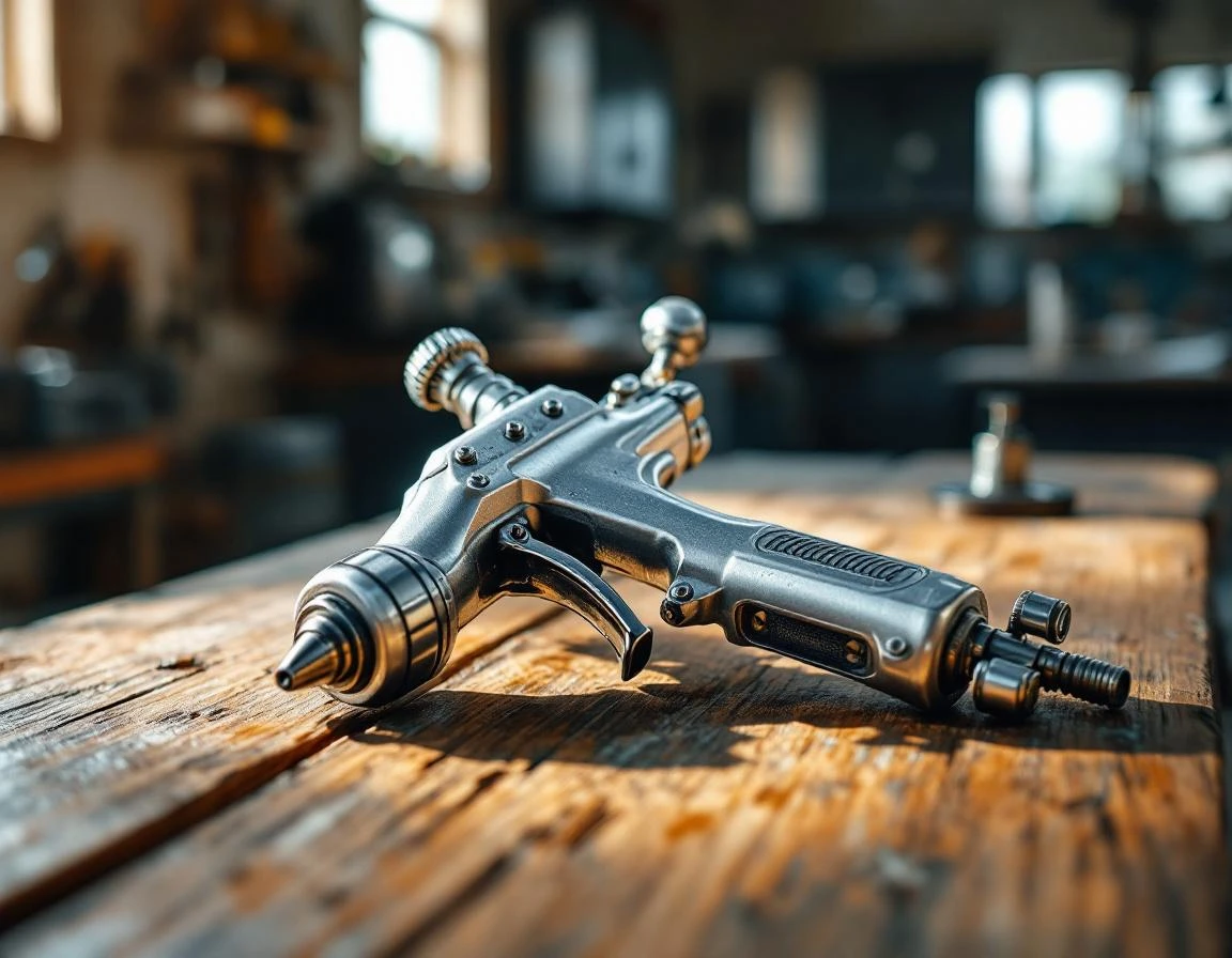 Professional automotive spray gun on weathered workbench in natural workshop lighting showing authentic tool wear