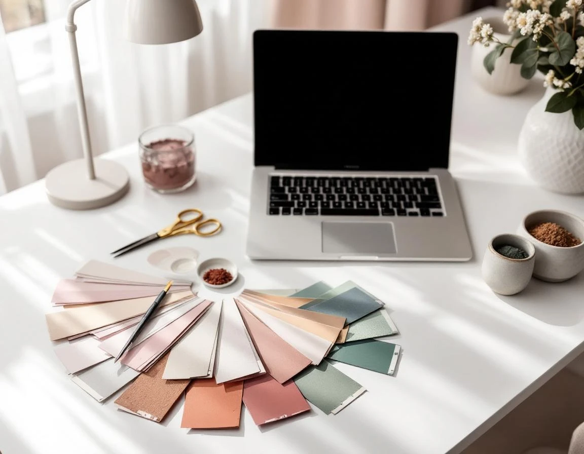Color consultant's desk with seasonal trend swatches and planning materials in natural lighting