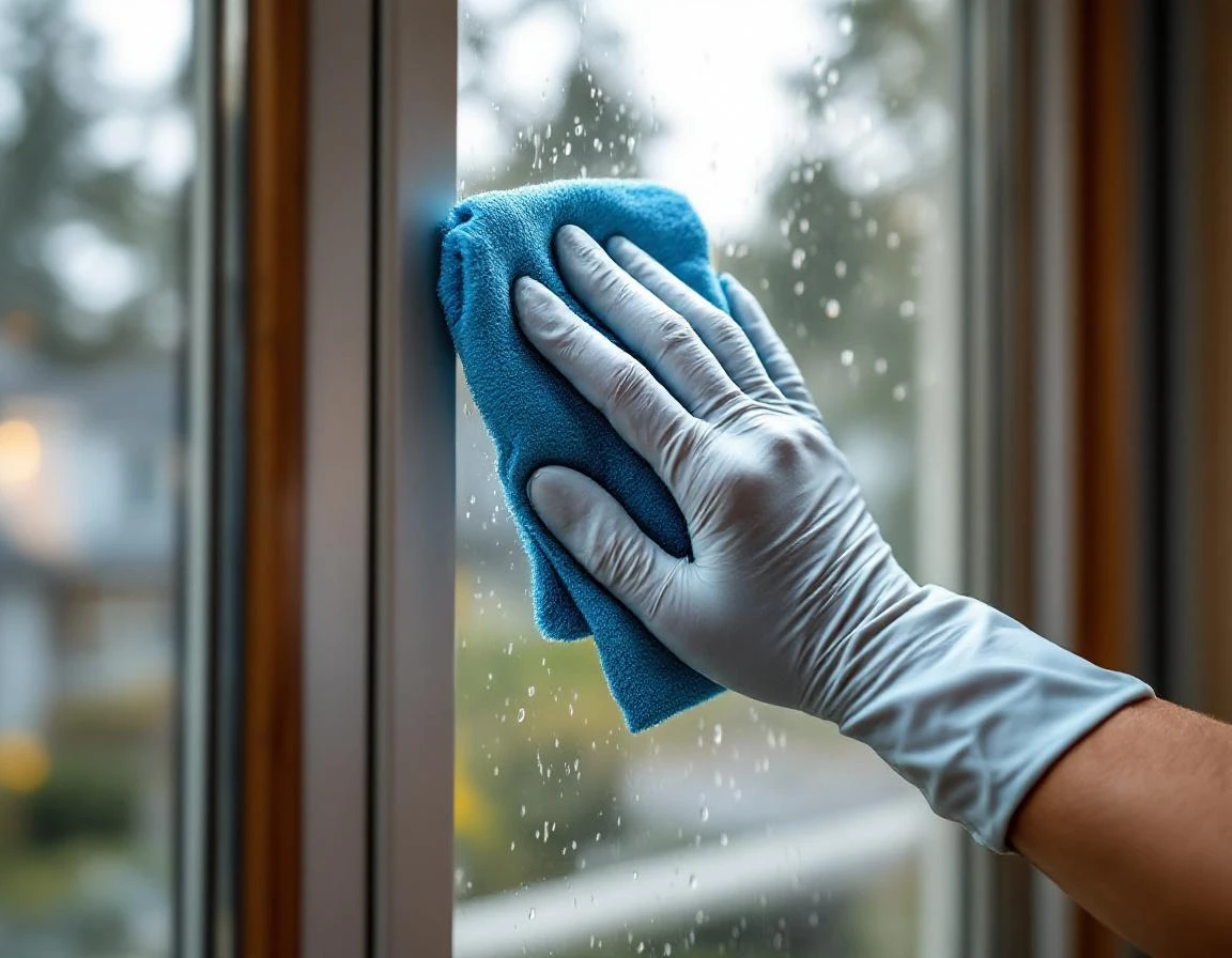Gloved hands cleaning residential window with microfiber cloth showing professional technique and attention to detail