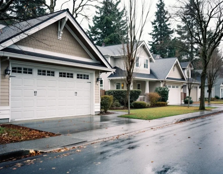 Residential street showing multiple garage door styles during the fall-to-winter seasonal transition in the Pacific Northwest