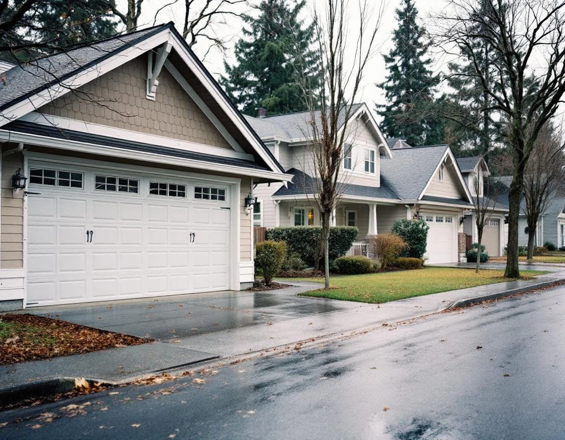 Residential street showing multiple garage door styles during the fall-to-winter seasonal transition in the Pacific Northwest