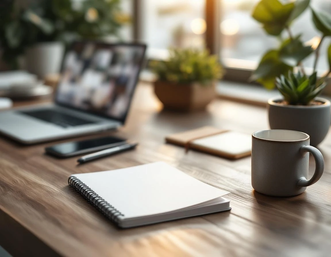 Organized workspace with laptop, coffee, and notebook ready for security audit planning