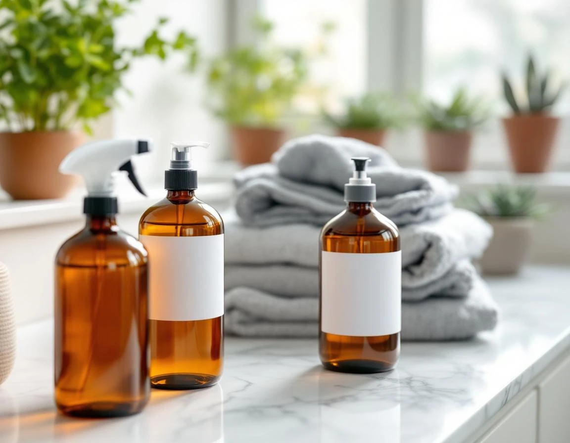 Amber glass bottles and eco-friendly cleaning supplies arranged on marble countertop with natural window lighting