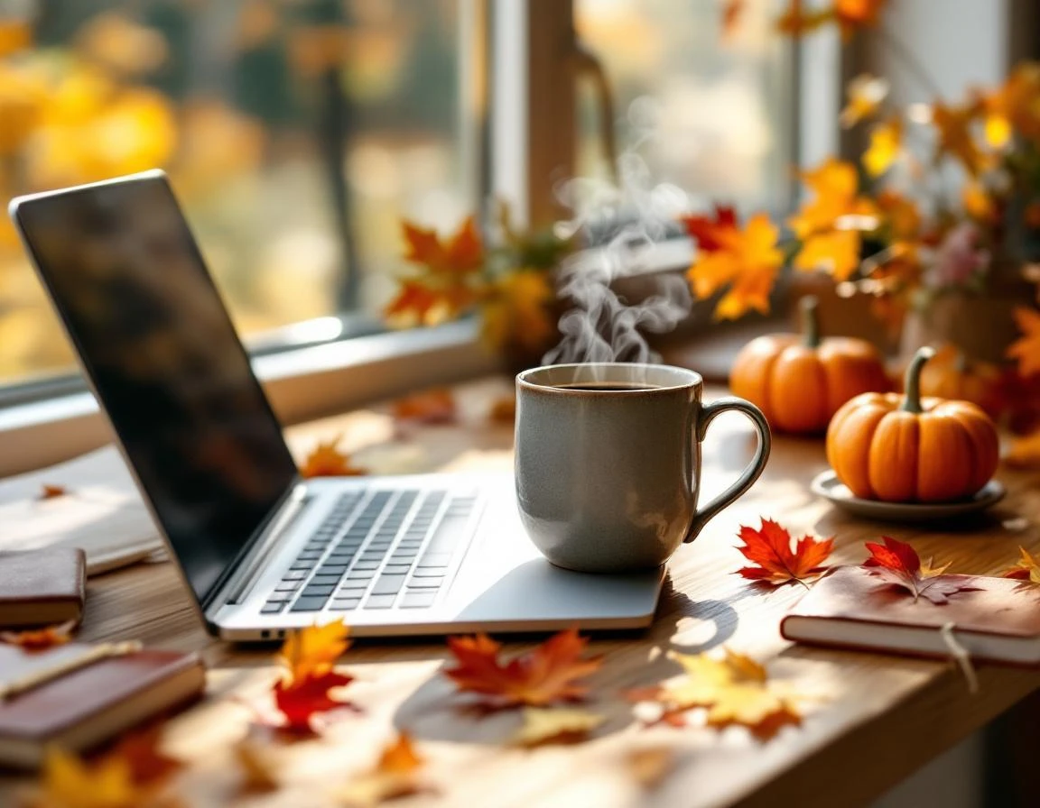 Autumn workspace with laptop, coffee mug, pumpkins, and fall leaves on wooden desk with natural lighting