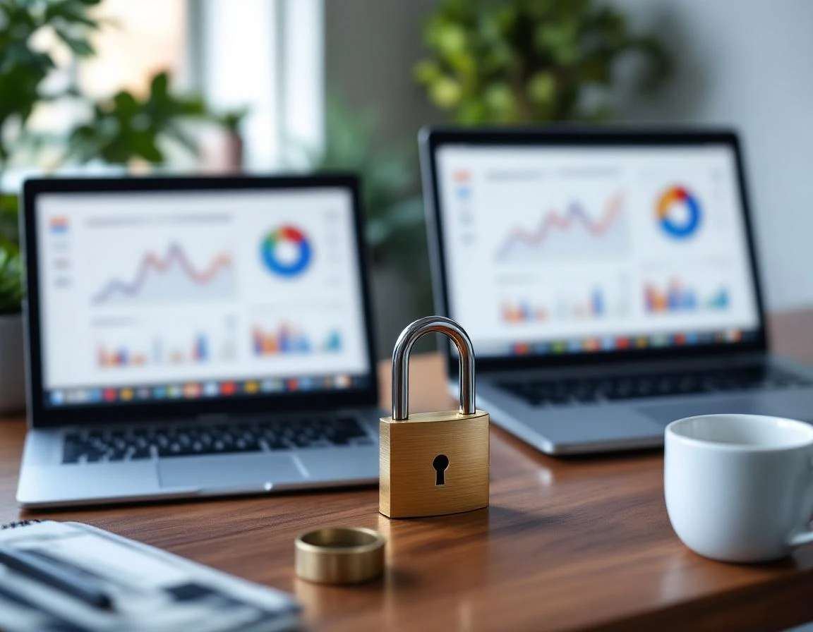 Home office workspace with laptops, security padlock, and business tools for website maintenance planning