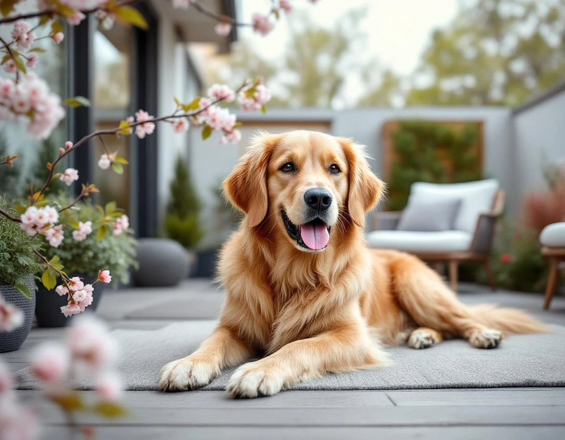 Golden retriever resting outdoors surrounded by spring cherry blossoms on overcast day