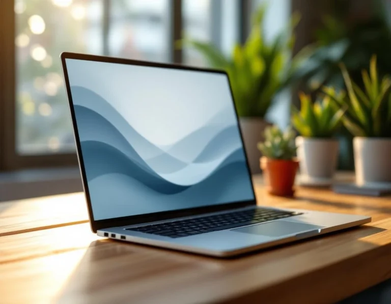 Laptop computer on wooden desk with blurred screen in bright office setting with natural window light