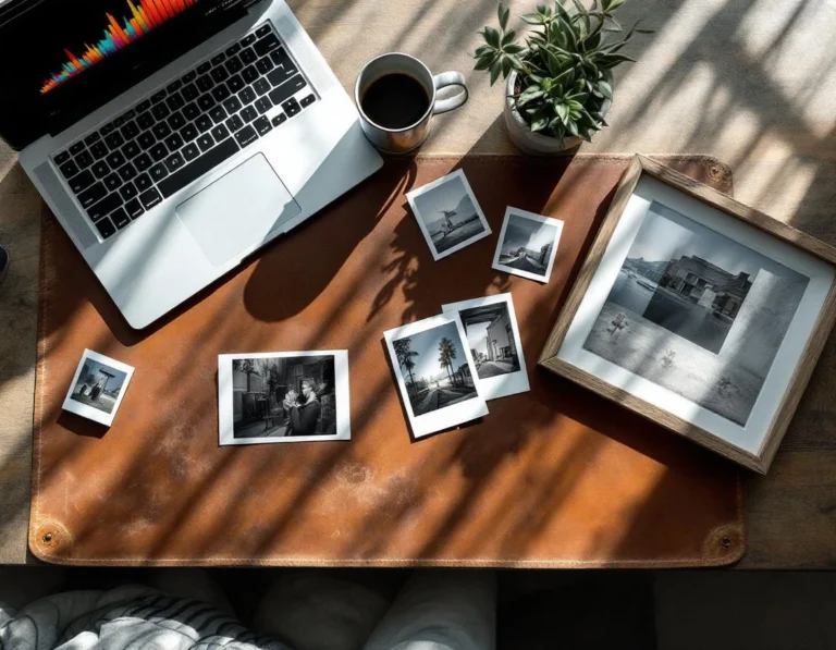 Overhead view of photographer's workspace with laptop, coffee, and print photos during editing session