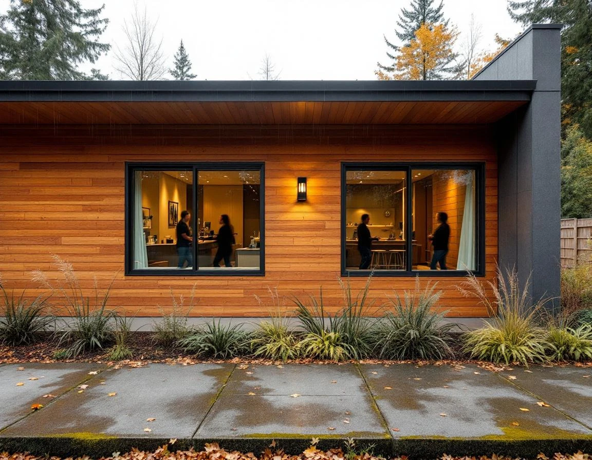 Modern veterinary clinic exterior with natural wood siding and large windows on overcast autumn day