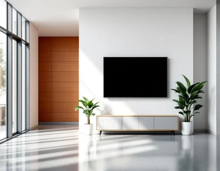 Blank television screen mounted in modern sports facility lobby with natural lighting and minimal furnishings