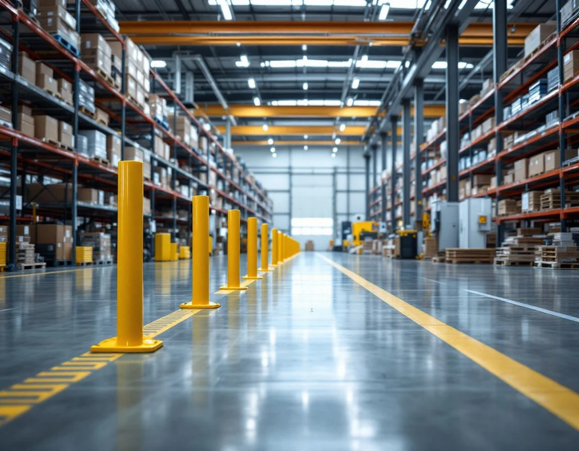 Industrial warehouse floor with yellow safety bollards, organized storage racks, and clear compliance markings