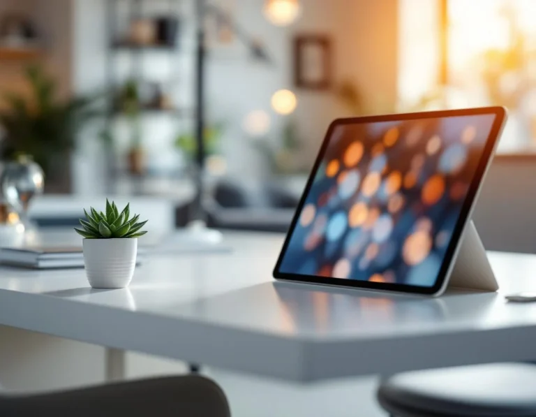 Modern dental office workspace with tablet and succulent plant on white desk in warm natural lighting