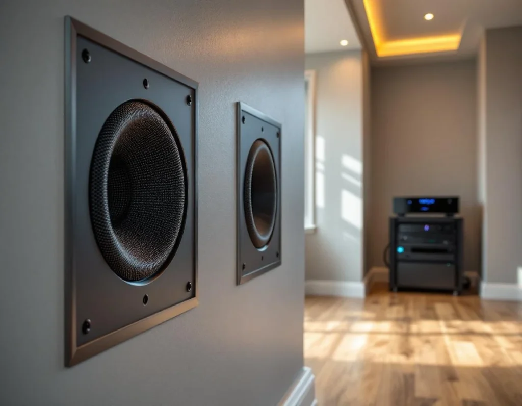 Professional residential AV control room with integrated speakers and equipment rack in sophisticated home theater