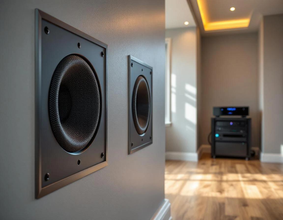 Professional residential AV control room with integrated speakers and equipment rack in sophisticated home theater