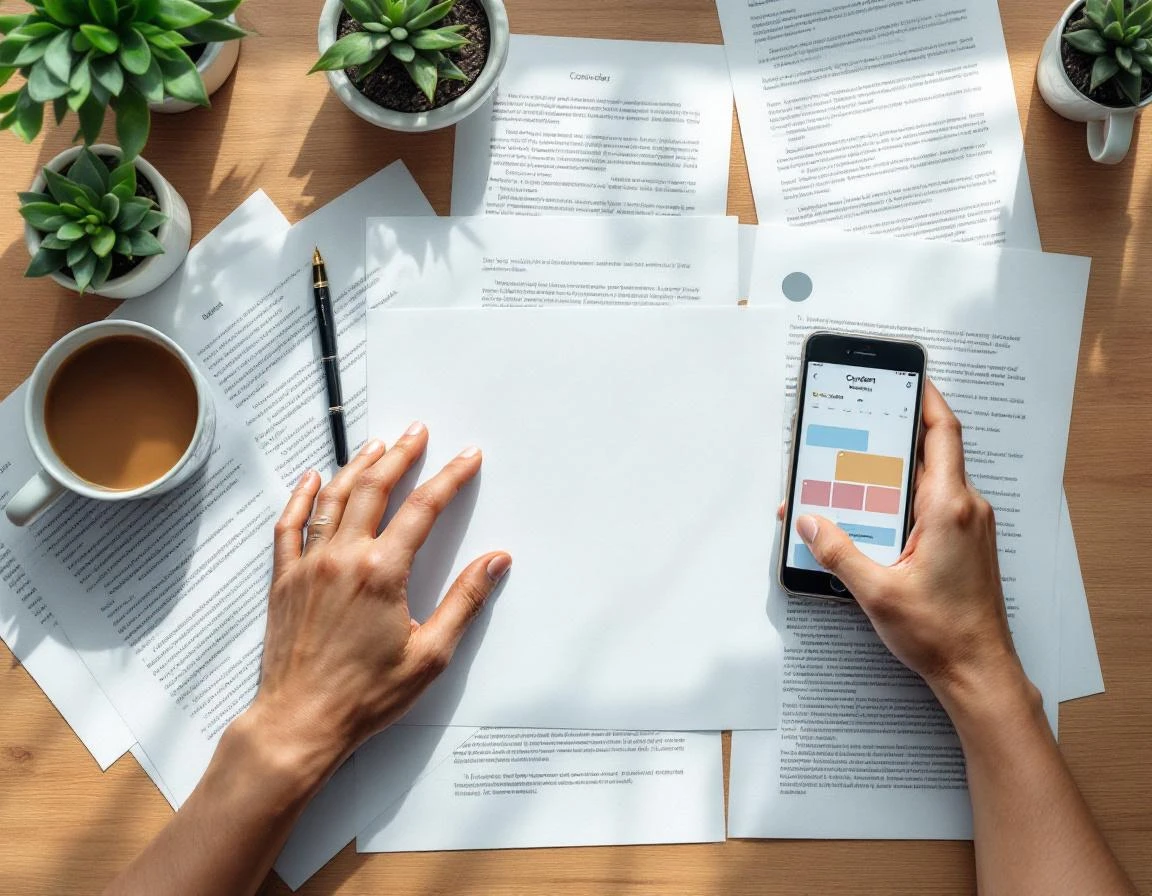 Overhead view of workspace with hand organizing content planning documents and smartphone on wooden desk