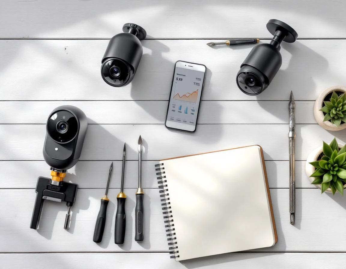 Security cameras, tools, and planning materials arranged on desk for DIY installation cost comparison