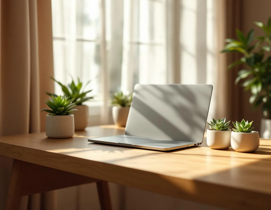 Natural wood desk workspace with closed laptop and succulent plants in soft window light
