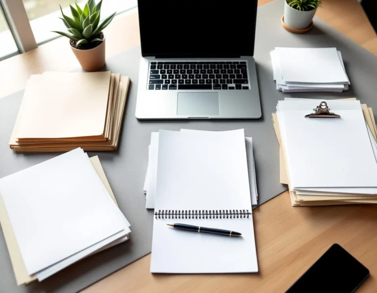 Organized desk workspace with blank documents and folders representing insurance compliance documentation requirements