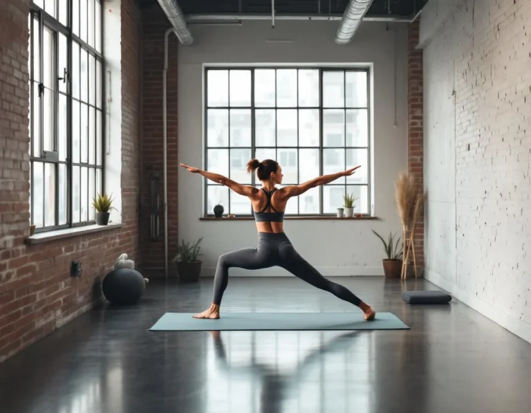 Person practicing yoga in natural-lit boutique fitness studio with brick walls and industrial windows