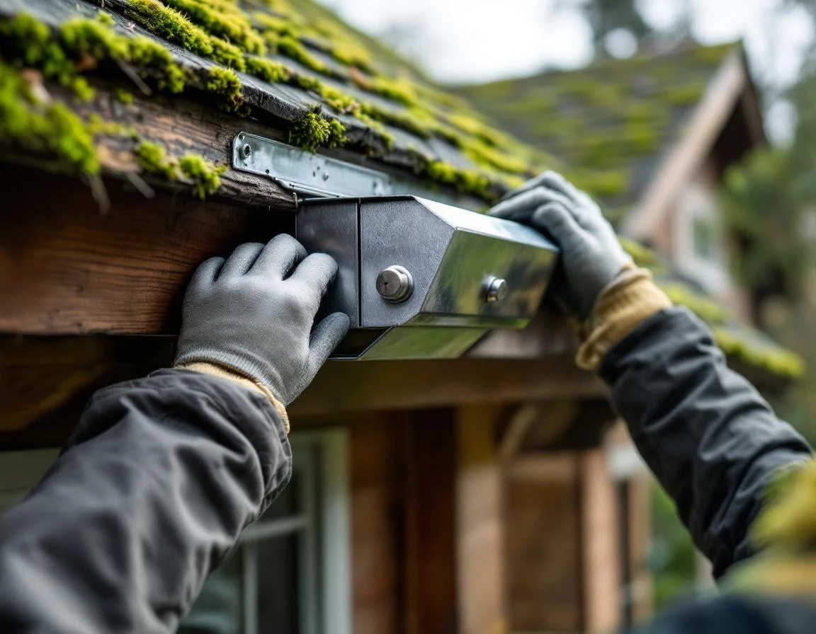Wildlife control technician installing humane one-way exclusion device on moss-covered residential roof