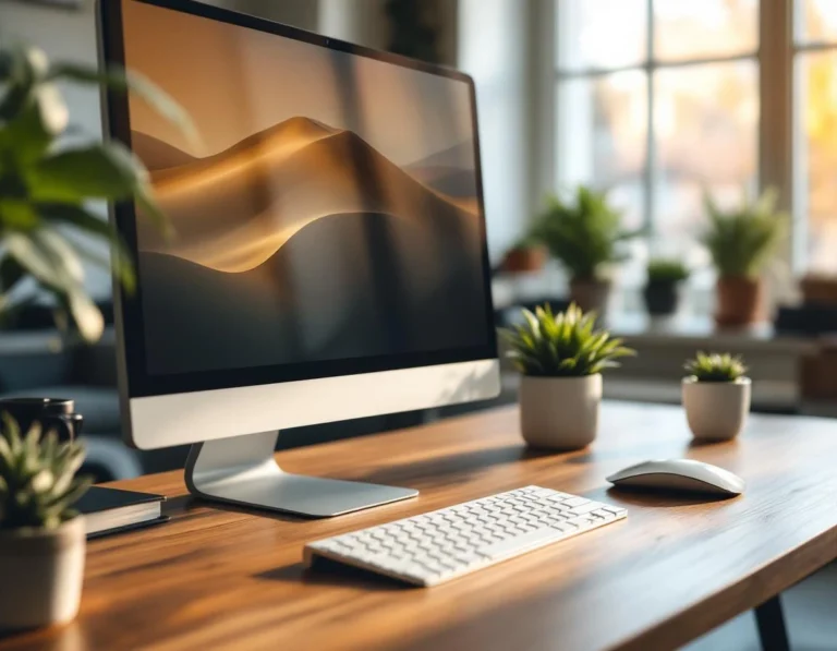 Modern desk workspace with computer, keyboard, and succulent plants in natural morning light