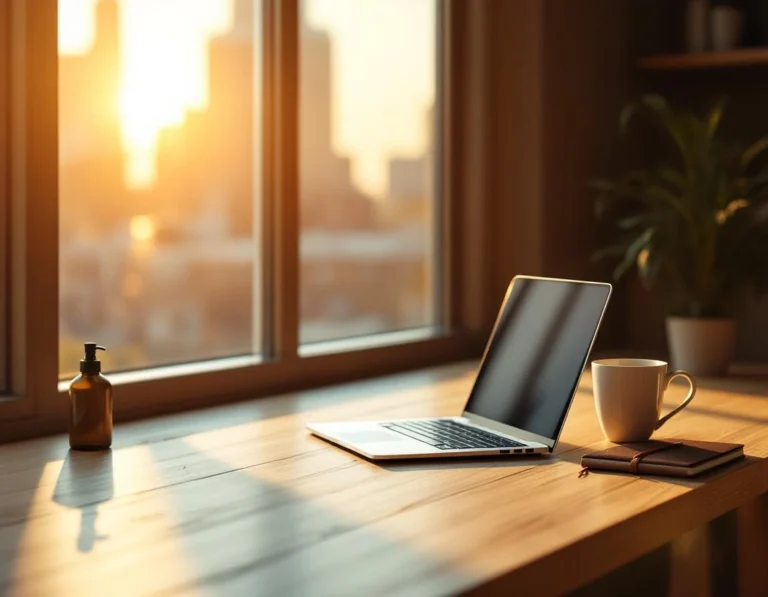 Minimalist office desk with laptop and coffee during golden hour lighting for focused content strategy work