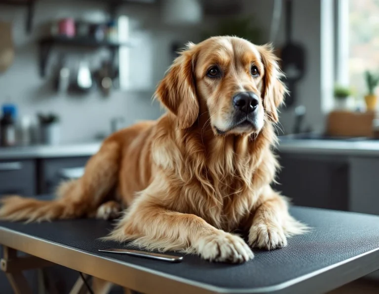 Golden Retriever mid-groom showing spring coat transition with visible undercoat shedding on grooming table