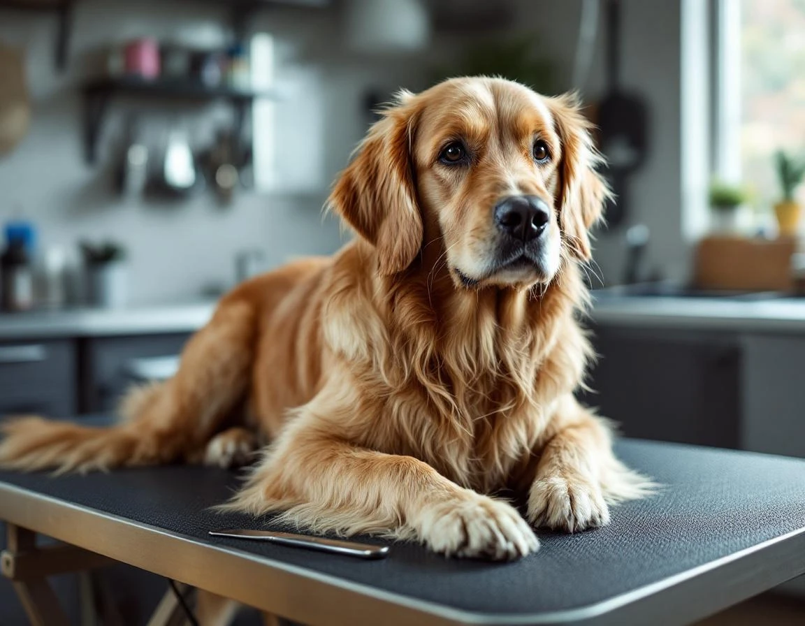 Golden Retriever mid-groom showing spring coat transition with visible undercoat shedding on grooming table