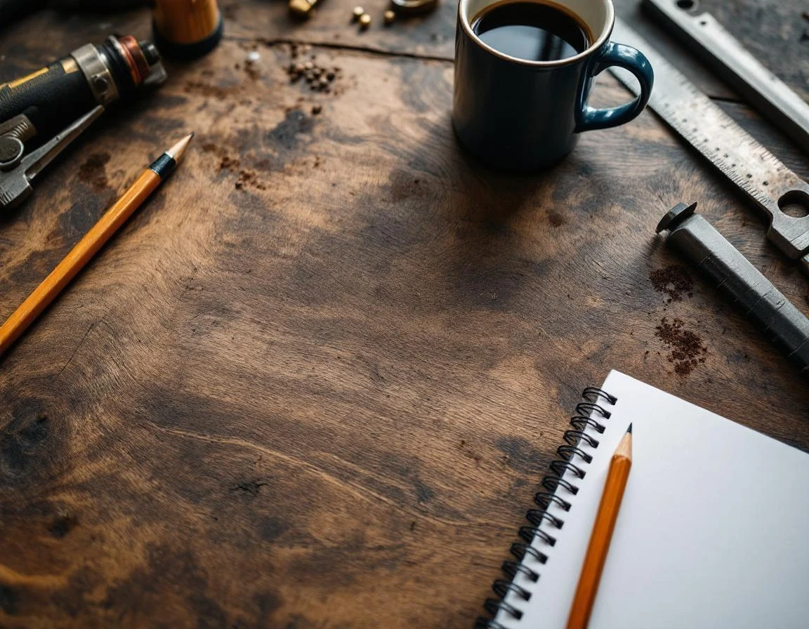 Overhead view of planning tools on weathered workbench with coffee mug and blank notebook