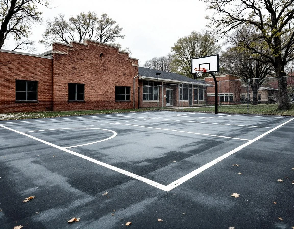 Empty community basketball court beside brick building during off-season before spring league registration