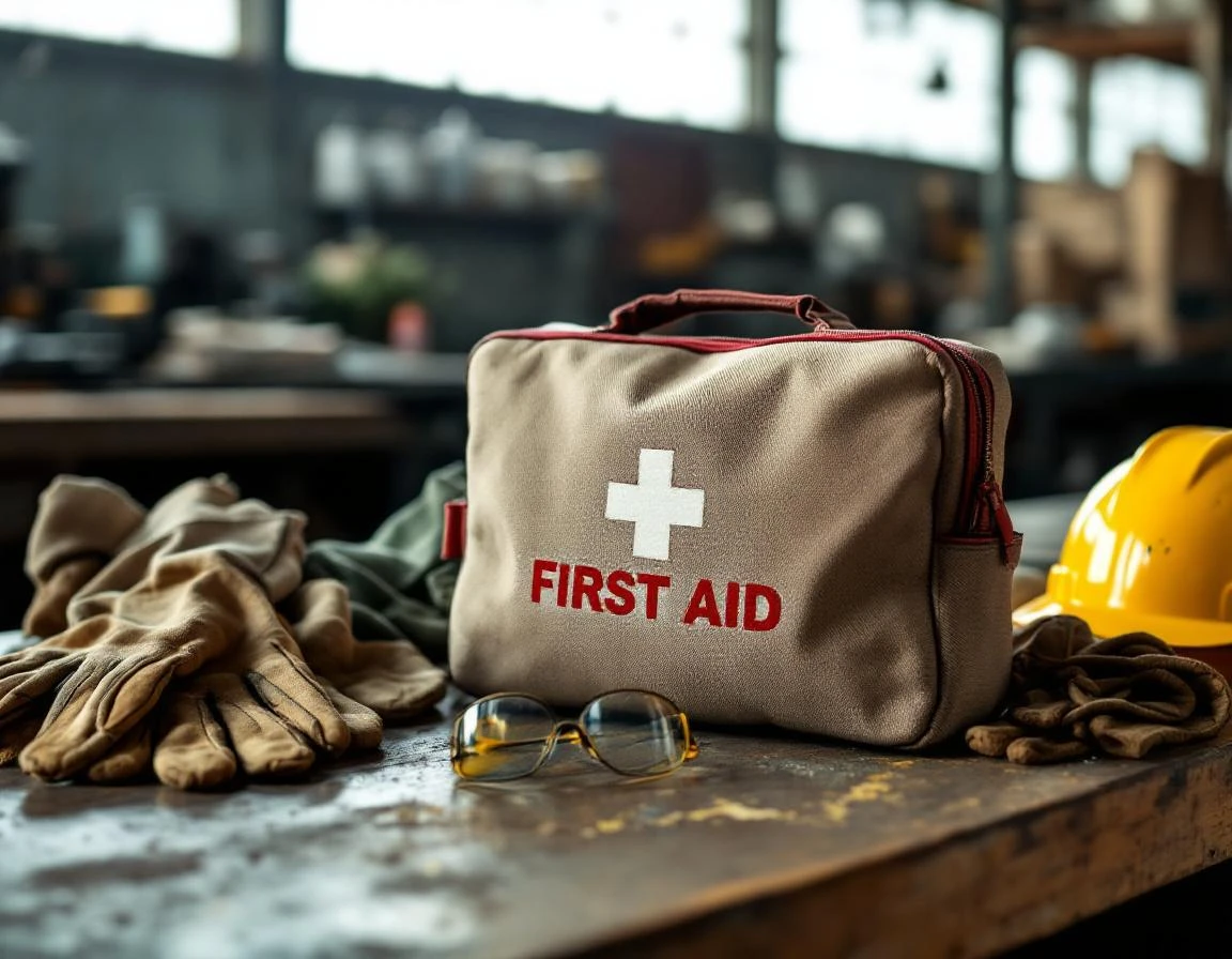 First aid kit and safety equipment on industrial workbench with natural wear patterns and authentic material textures