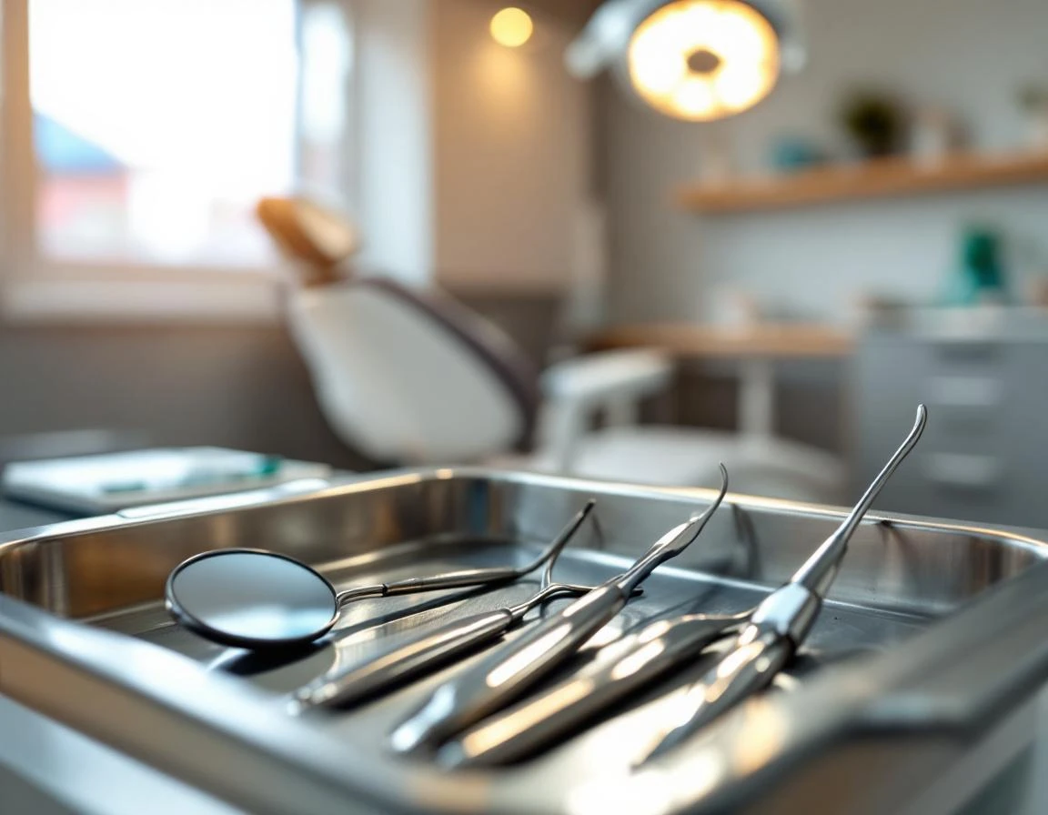 Dental examination instruments in sterile tray with natural lighting showing clinical preparation