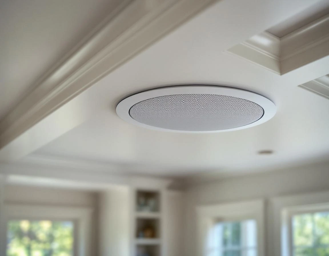 Flush-mount ceiling speaker installation showing acoustic grille detail and precise trim integration