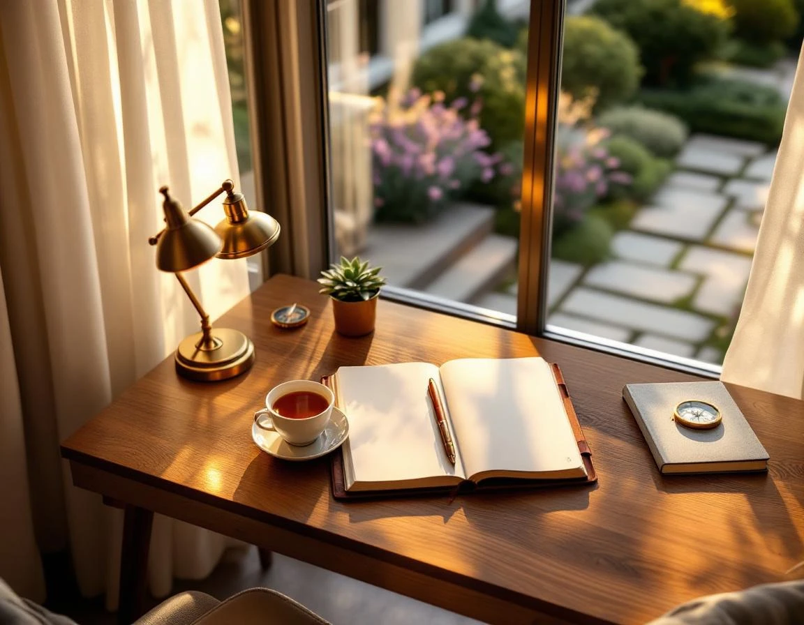 Sunlit hotel desk workspace with tea, journal, and garden view creating atmosphere for content creation