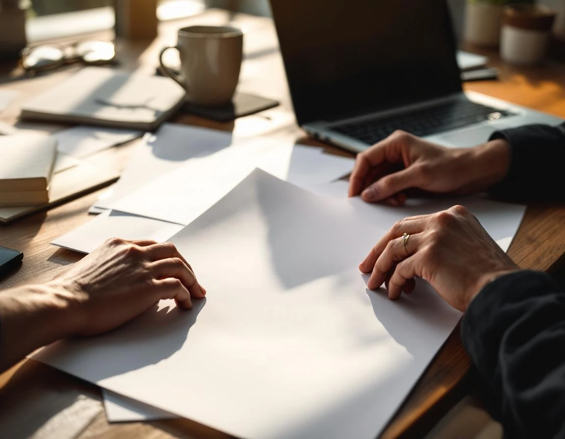 Hands reviewing blank documents on wooden desk with natural window lighting in professional workspace