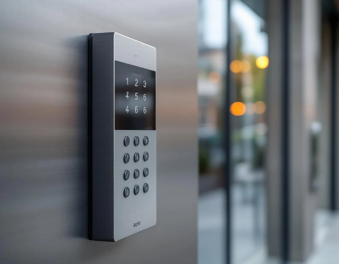 Professional access control system installed on commercial building exterior with brushed metal finish