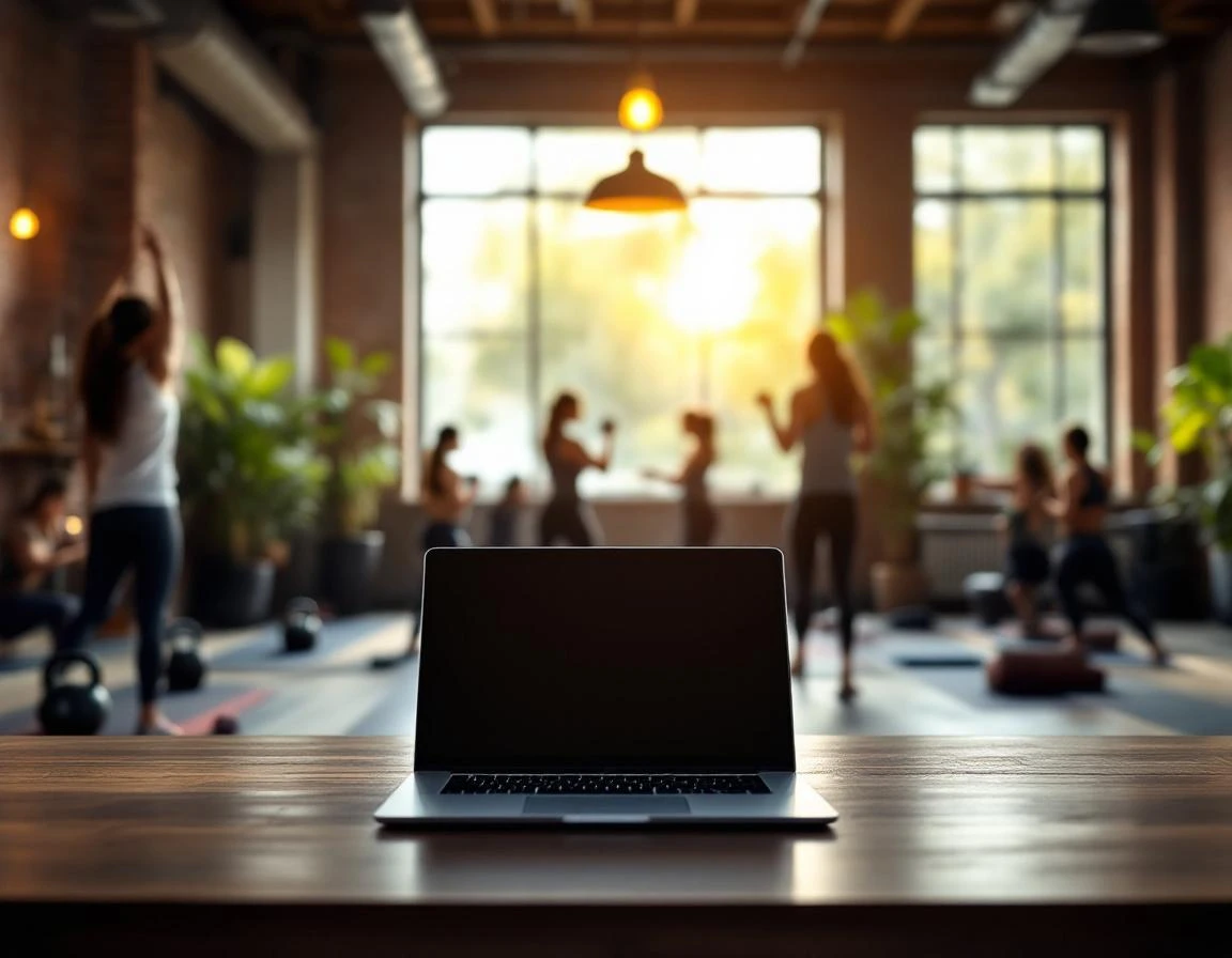 Closed laptop on studio desk with fitness class participants training in naturally lit background