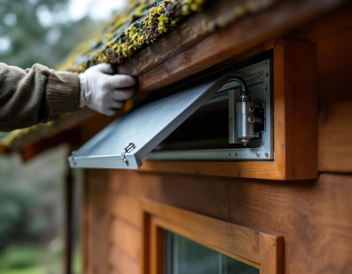 One-way exclusion door being installed on home soffit for humane raccoon removal during denning season
