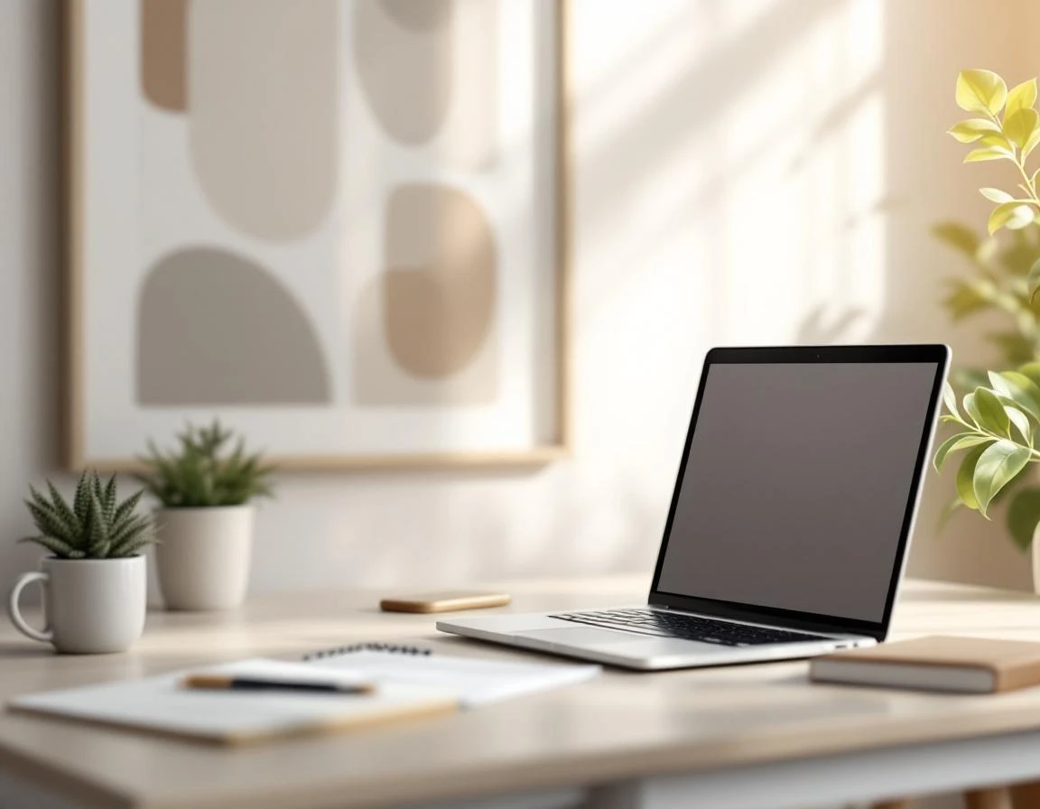 Minimalist home office desk with laptop and calendar planning materials in natural morning light