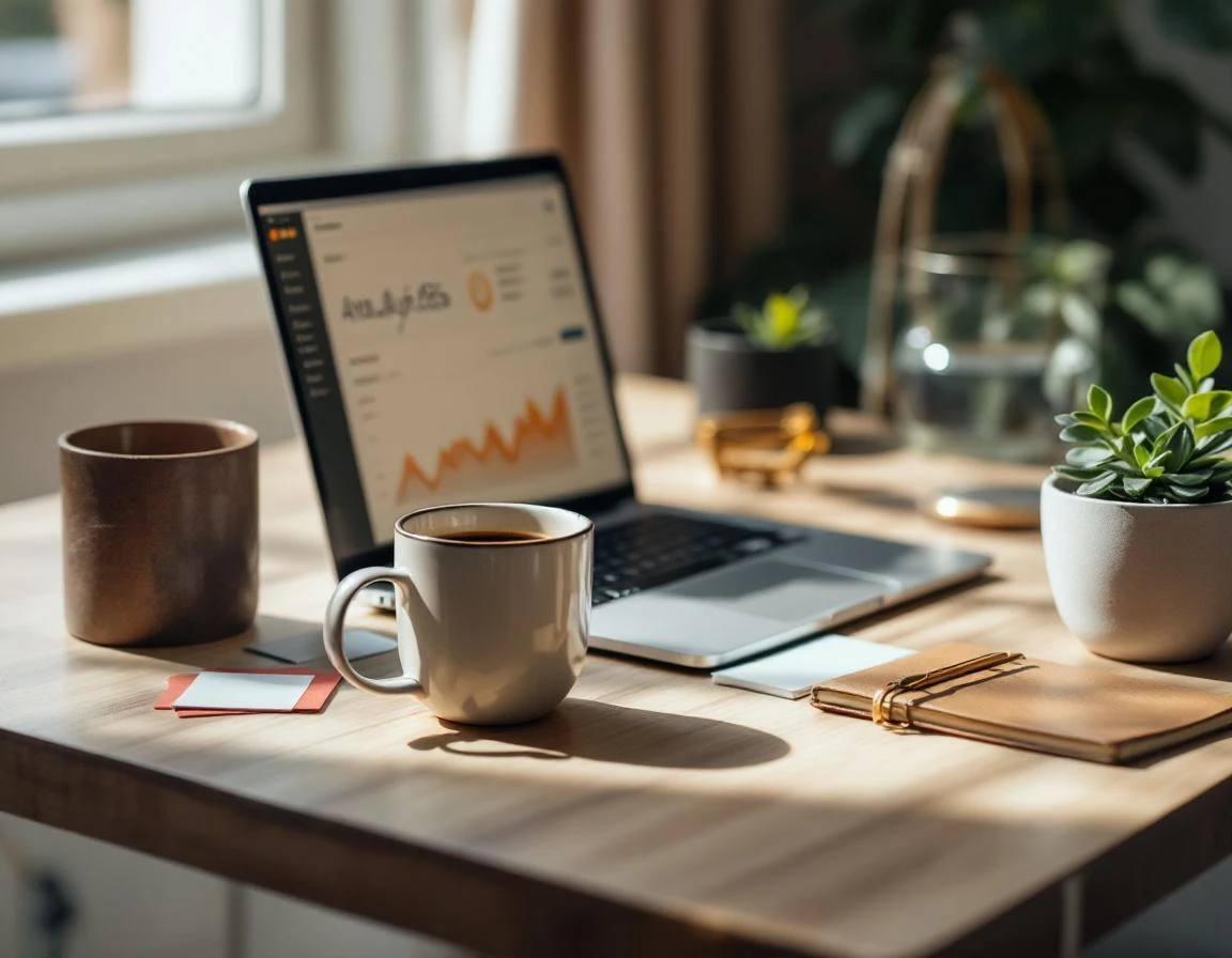 Modern workspace with laptop, coffee mug, and analytics tools for tracking local SEO performance metrics