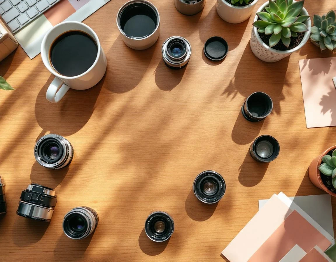 Overhead view of photographer's workspace with vintage camera equipment, film canisters, coffee, and design materials