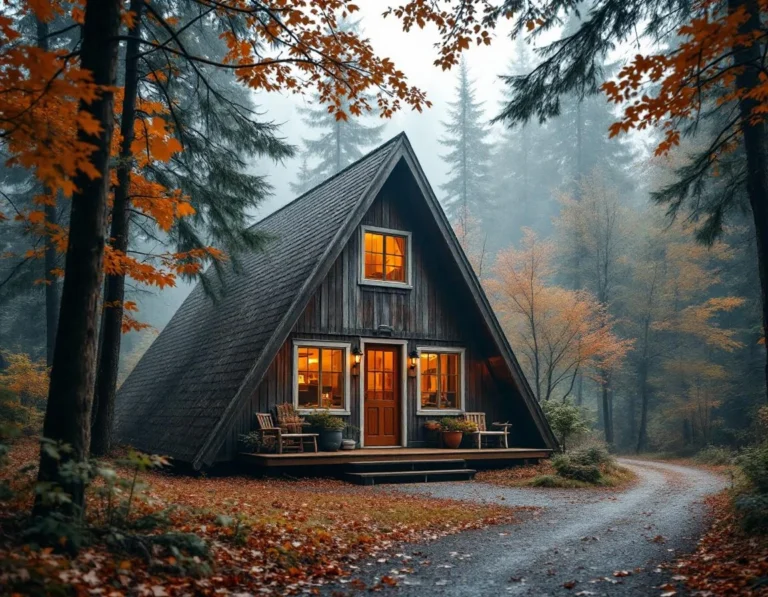 A-frame vacation cabin surrounded by autumn forest during shoulder season in Pacific Northwest mountains