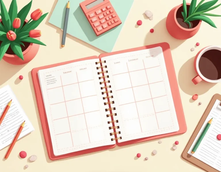 Organized desk workspace with spring flowers, planner, and accounting tools for Q1 tax season preparation