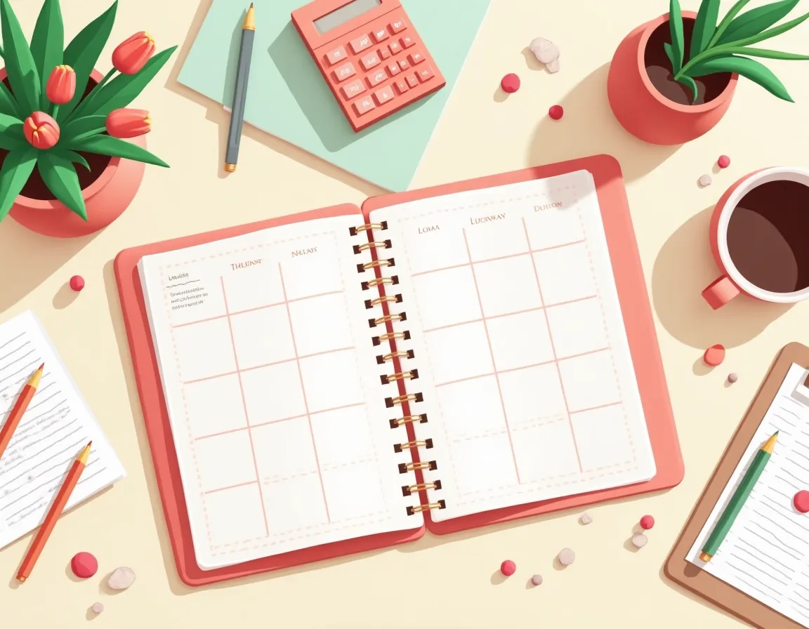 Organized desk workspace with spring flowers, planner, and accounting tools for Q1 tax season preparation