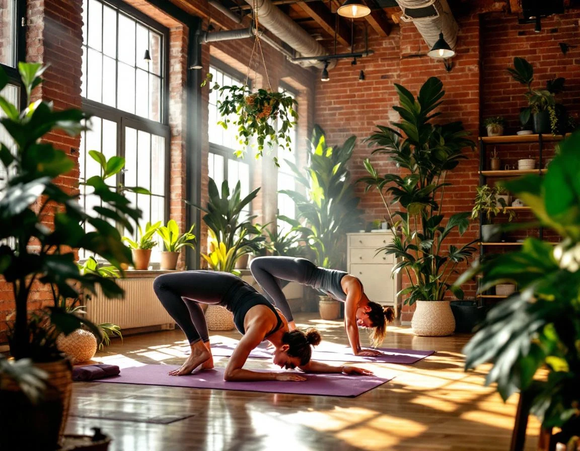 Two people practicing partner yoga stretches in a bright boutique fitness studio with exposed brick walls