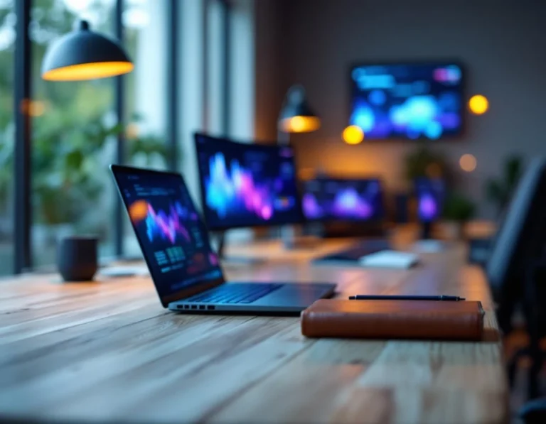 Security operations workspace with monitoring equipment and organized threat analysis materials