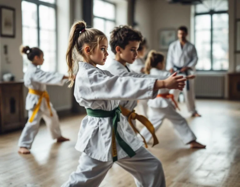 Children practicing karate stances in white gi uniforms with colored belts during dojo class with natural window lighting
